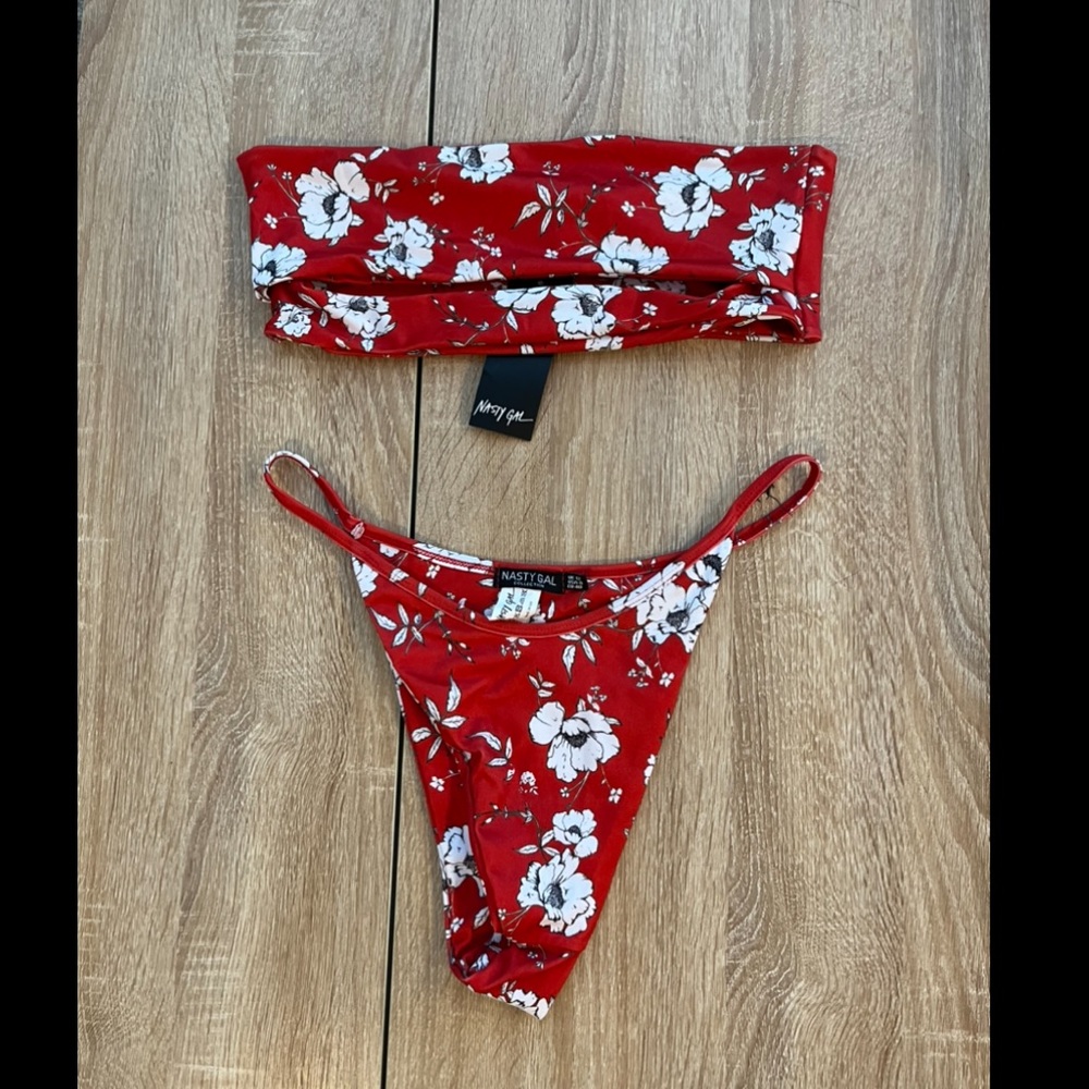Nasty Gal Red Floral Bikini Set, Size 8 (US)